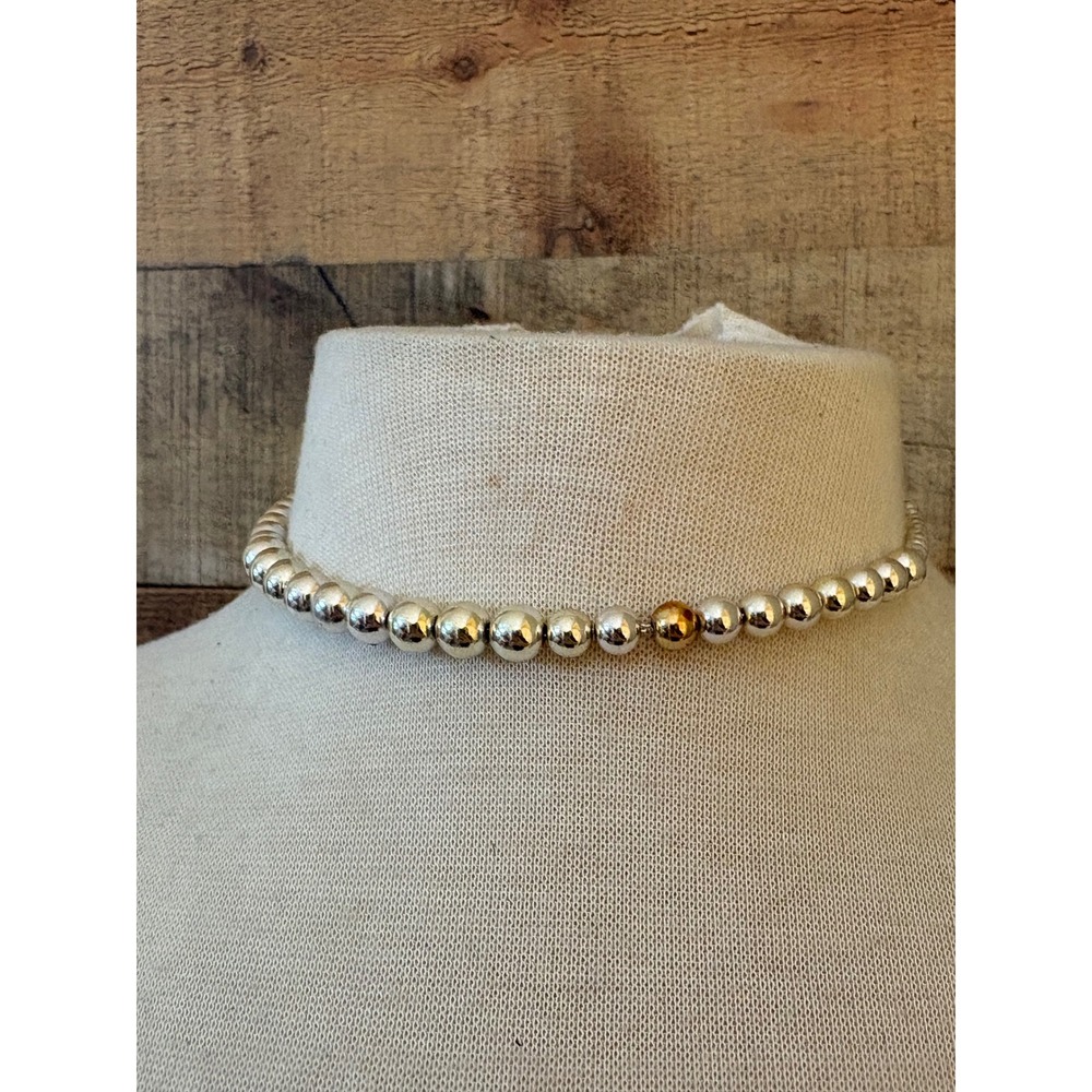 Lauren Ralph Lauren Silver Tone Ball Bead Necklace Gold Accent Toggle RL Charm